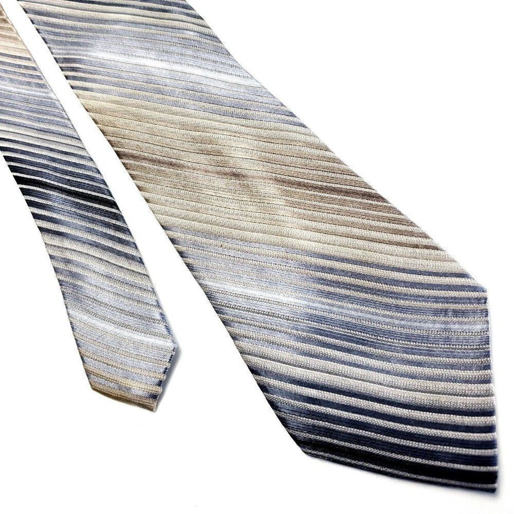 Calvin Klein Grey Beige Silk Tie Woven Long Striped